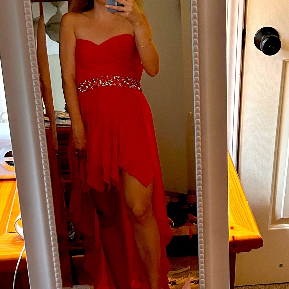 Red women’s strapless high low prom dress